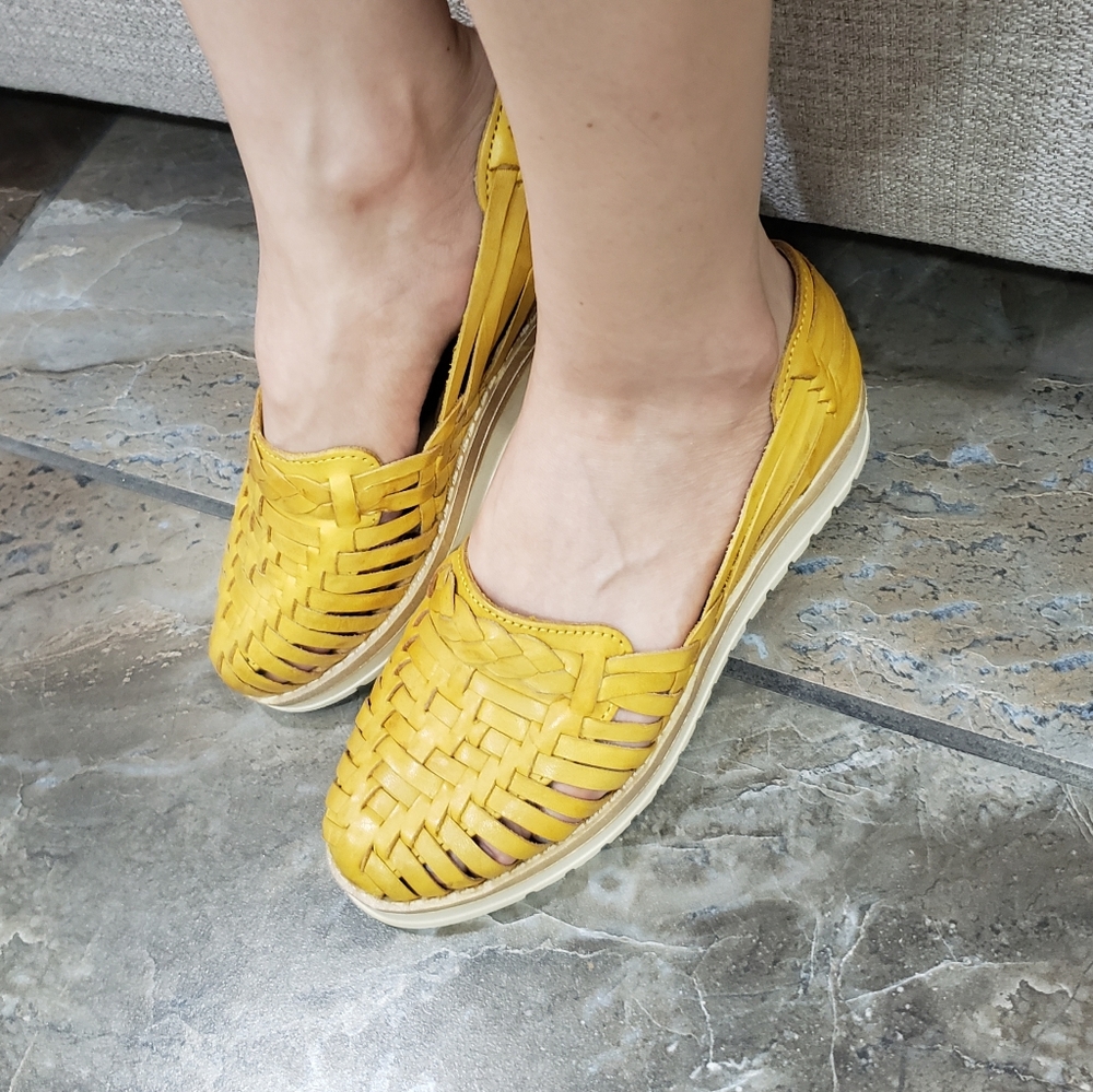 yellow mustard leather flats